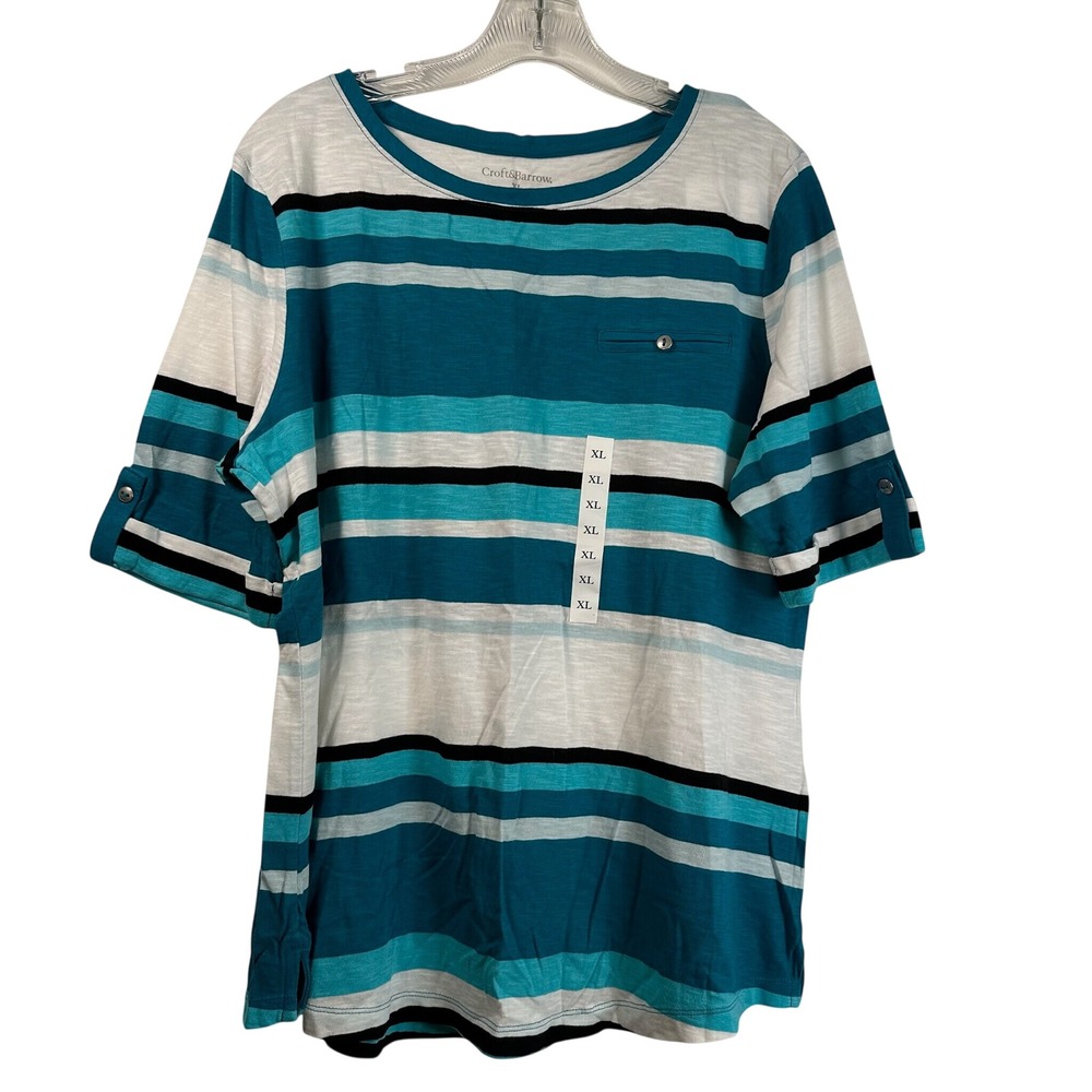 Croft & Barrow Womens XL Teal Blue Striped Cotton Slub Roll Tab Sleeve Top NEW
